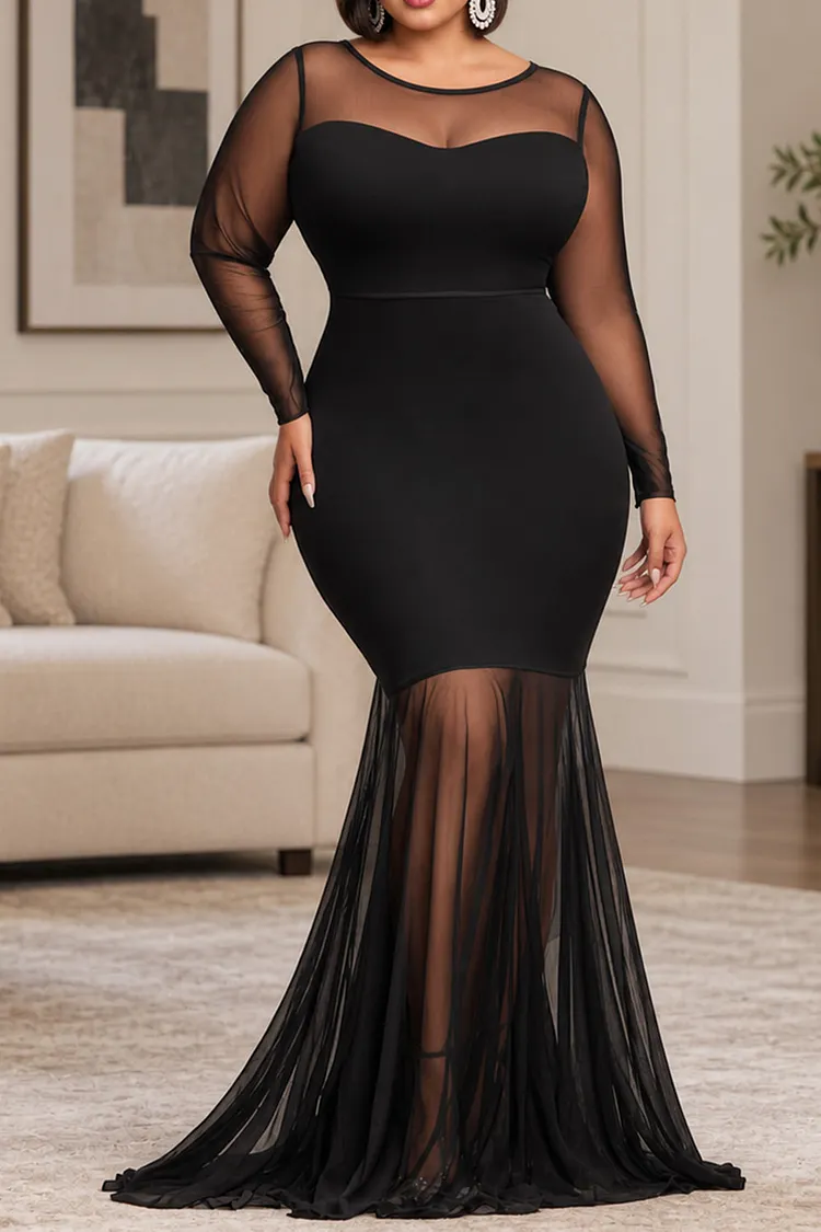 Xpluswear Design Plus Size Party Knitted Black Round Neck Long Sleeve Mermaid See Through Tulle Maxi Dresses [Pre-Order]