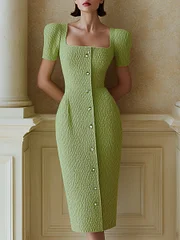 Light Green Square Neck Button-Front Midi Dress Light Green Square Neck Button-Front Midi Dress