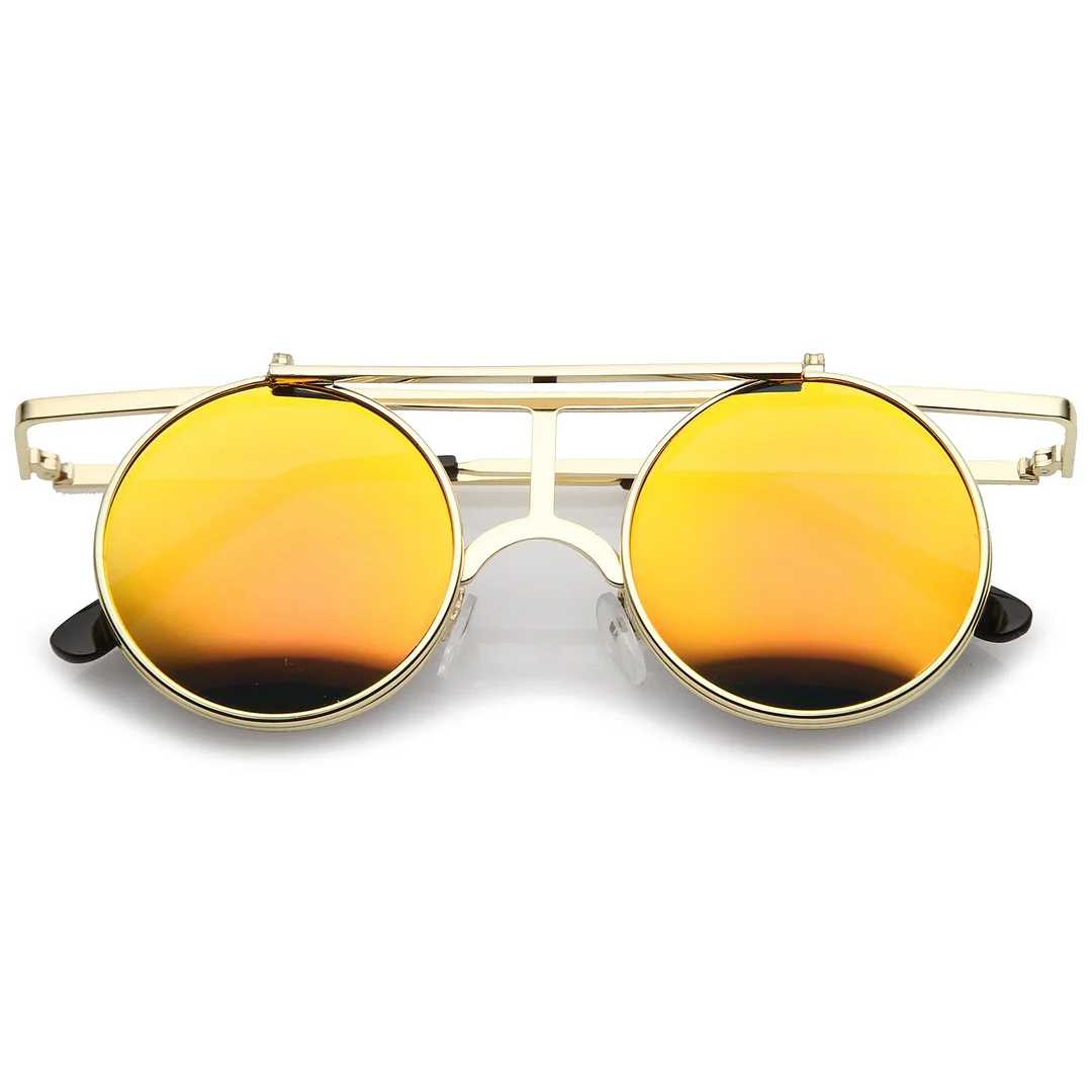 Steampunk Flip Up Cover Flat Top Colored Mirror Clear Lens Round glasses 44mm