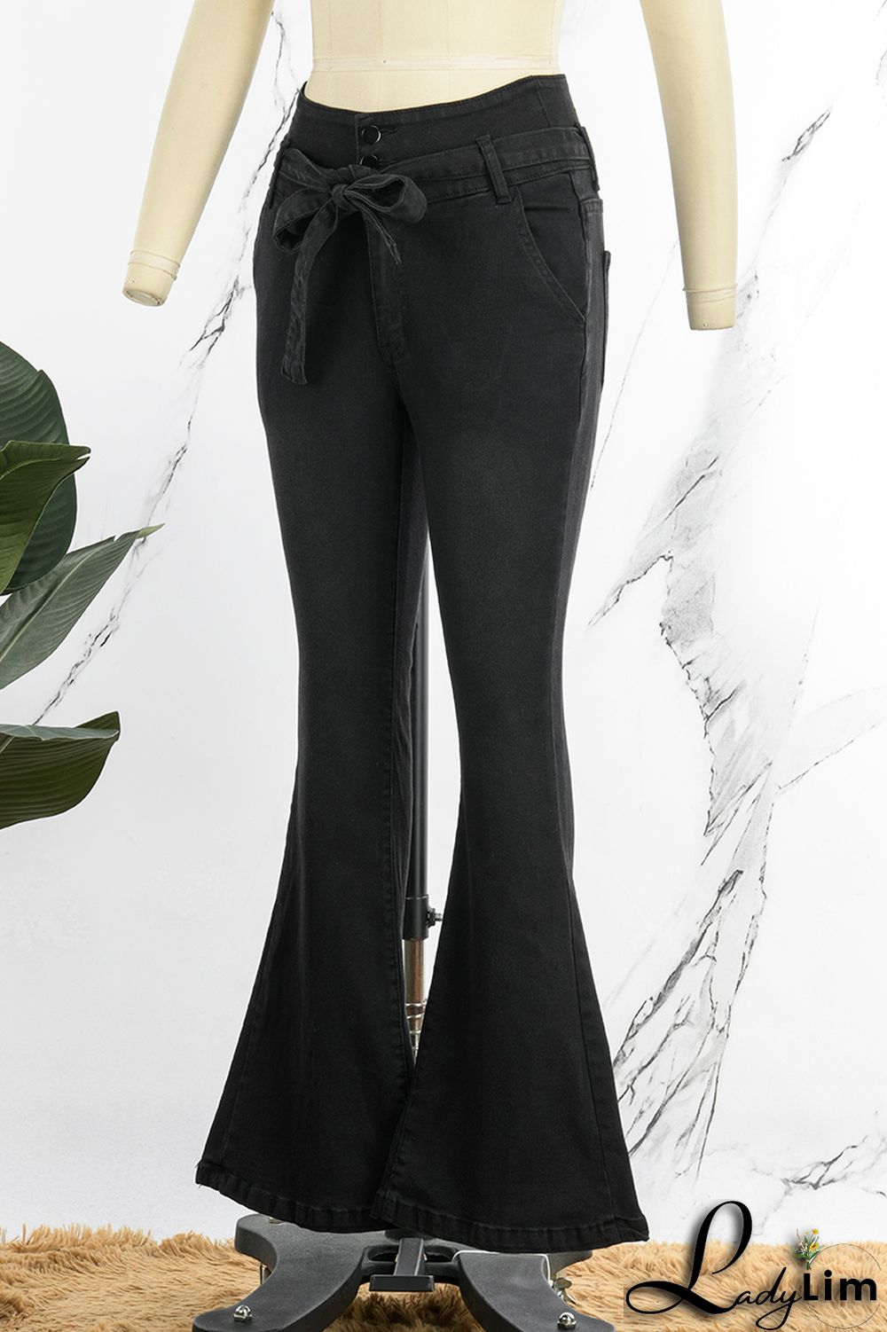 Black Casual Solid Bandage Patchwork High Waist Denim Jeans