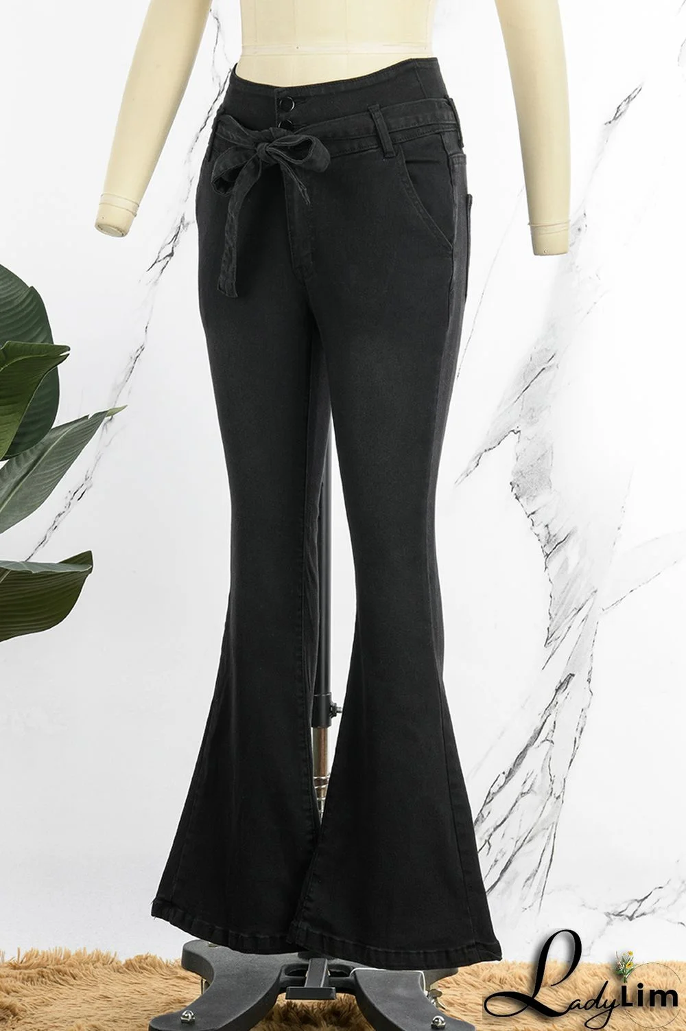 Black Casual Solid Bandage Patchwork High Waist Denim Jeans