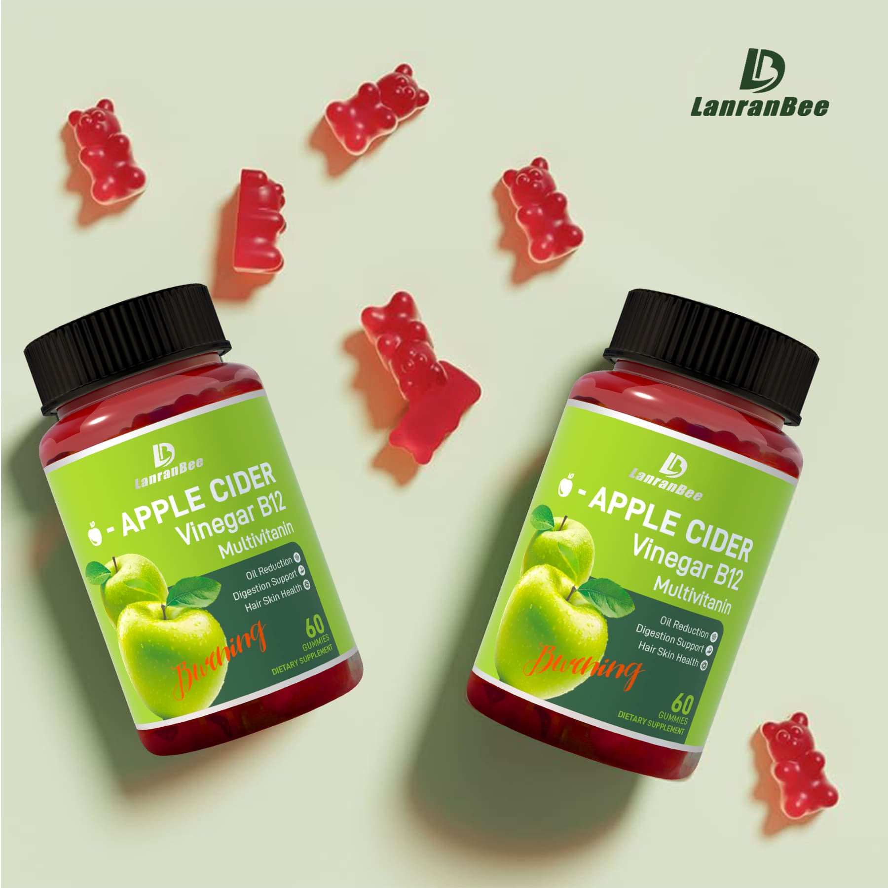 Lanranbee Apple Cider Vinegar Gummies – 60 Vegan Gummies for Digestive Health, Glowing Skin, Metabolism Boost & Immunity Support  lanranbee
