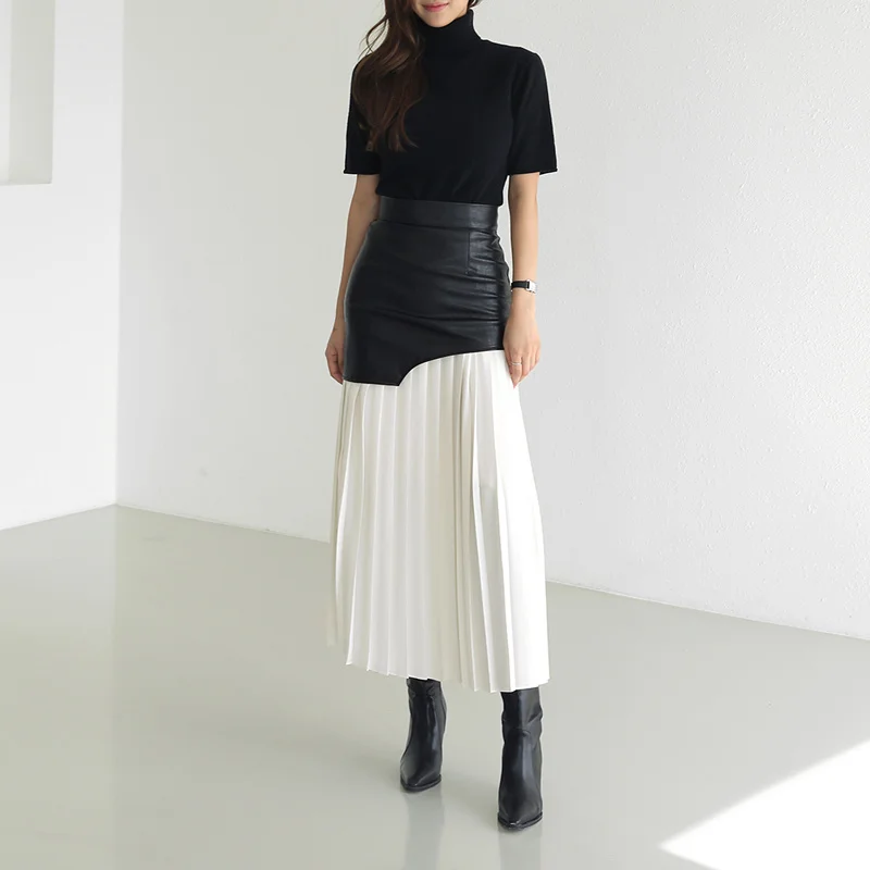Woherb 2023 White Long Autumn Leather Patchwork A-line Wrap Hip Temperament New Fashion Women's Pleated Skirt 7Z206