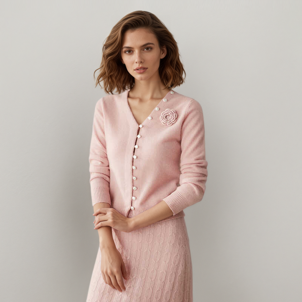 Women's Cashmere V-Neck Cardigan with Pearl Buttons REAL SILK LIFE