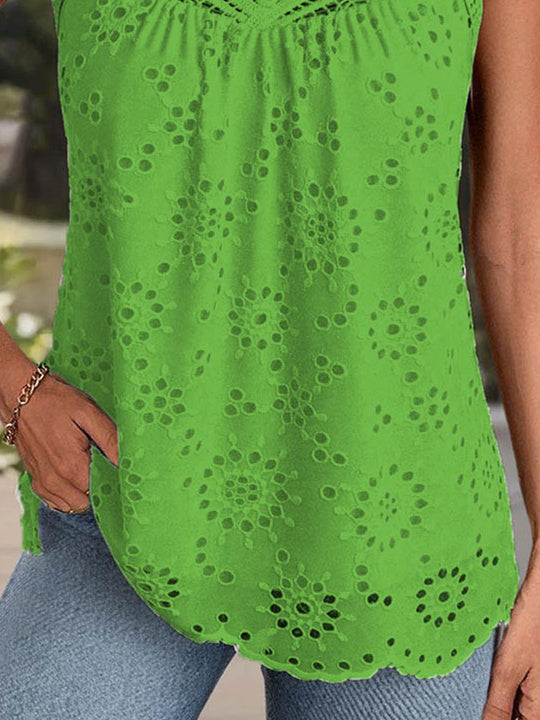 Women Sleeveless Scoop Neck Solid Lace Tops