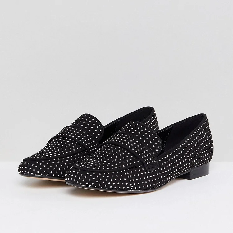 Black Studs Loafers for Women Vegan Suede Round Toe Flats |FSJ Shoes