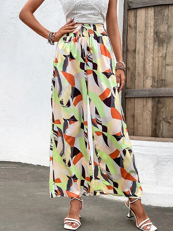 Elasticity Stamped Split-Joint Tied High Waisted Wide Leg Trousers Pants