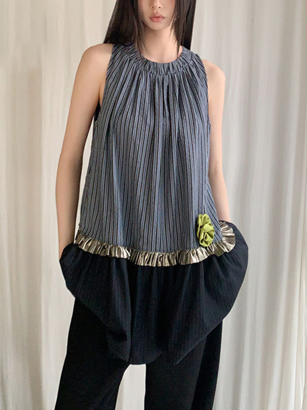Striped Patchwork Sleeveless Loose Blouses