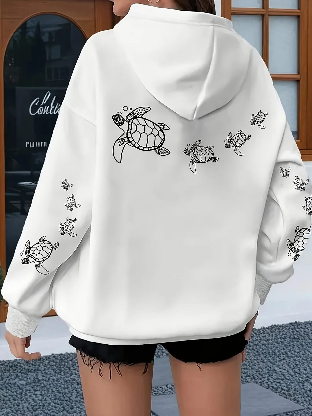 Women's Casual Turtle Print Hoodie - White With Black Turtles & Butterflies Design, Loose Fit, Long Sleeve, Front Pocket, Lightweight Polyester For Spring/Summer/Fall, Casual Wear Hoodie | Relaxed Fit Hoodie | Durable Fabric Hoodie | IFYHOME