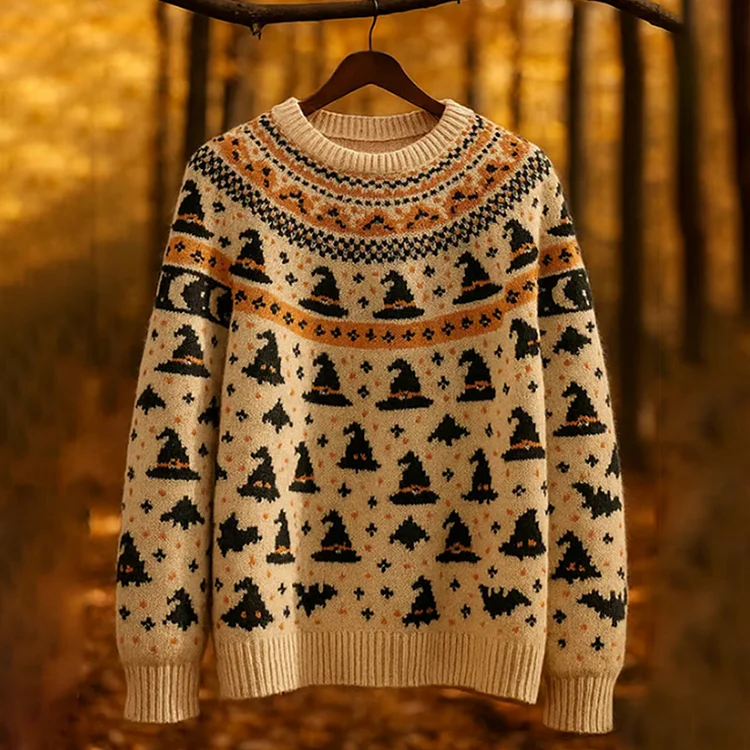 Women's Retro Cat Death Bat Fair Isle Style Halloween Print Sweater