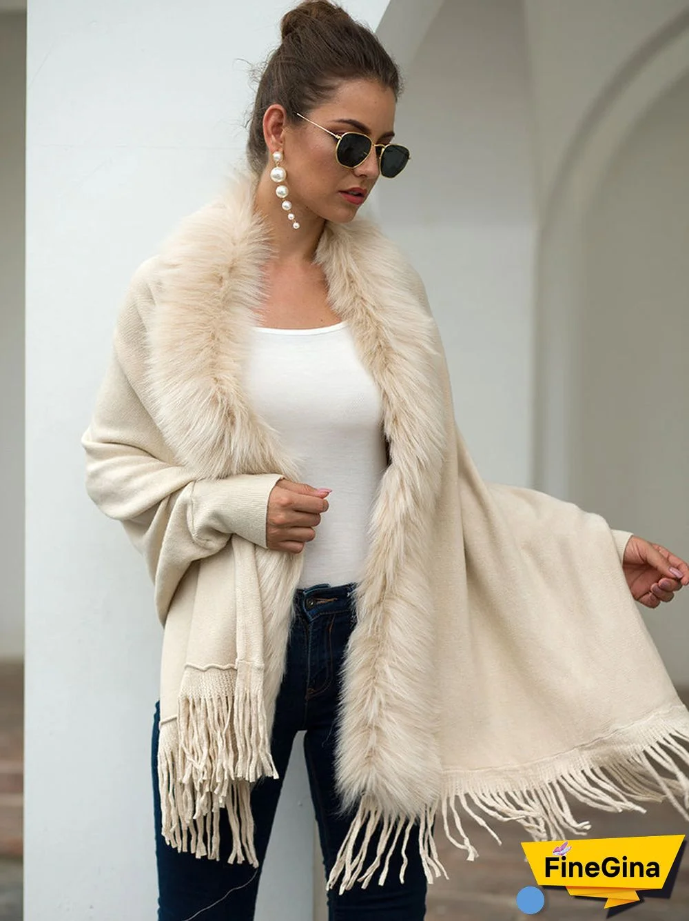 Faux Fur Collar Long Sleeve Large Wrap Scarf