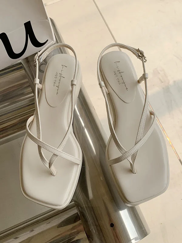 Belt Buckle Hollow Solid Color Square-Toe Platform Shoes Sandals