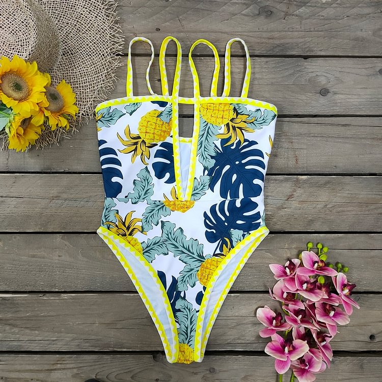 Flaxmaker Hollow Out Pineapple Print Sexy One Piece Swimsuit