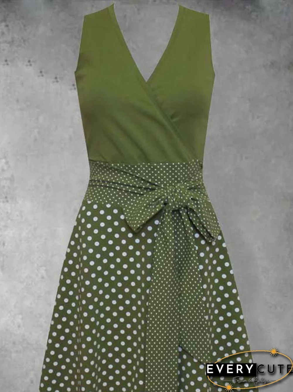 Cotton-Blend Casual V Neck Polka Dots Knitting Dress