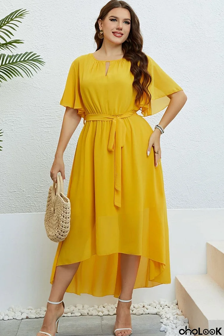 Belted Flutter Sleeve High-Low Dress