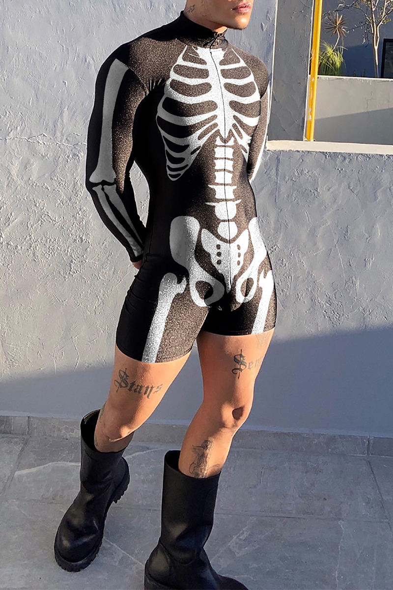 Ciciful Halloween Skeleton Print Costume Long Sleeve Bodycon Romper