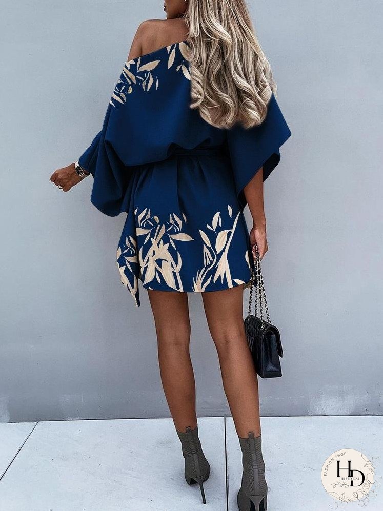 Dresses Printed Sloping Shoulder Belted Casual Dress for Women