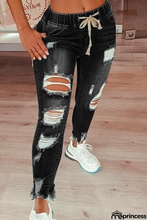 Ripped Drawstring Denim Jogger