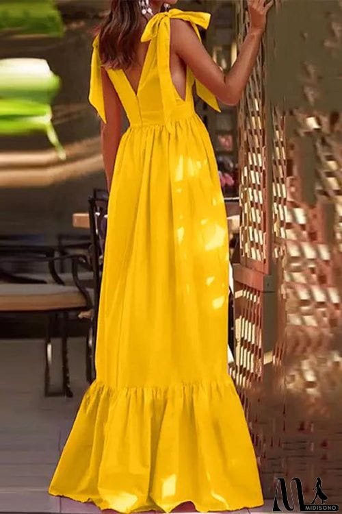 MidiSono - Tie Straps V Neck Tiered Ruffles Maxi Dress