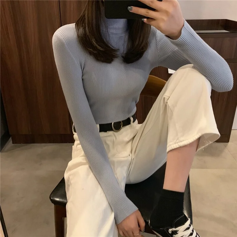 Zoki Turtleneck Sweaters Autumn Women Knitted Pullovers Elastic Jumper Soft Long Sleeve Korean Slim Ladies Basic Top New 2021