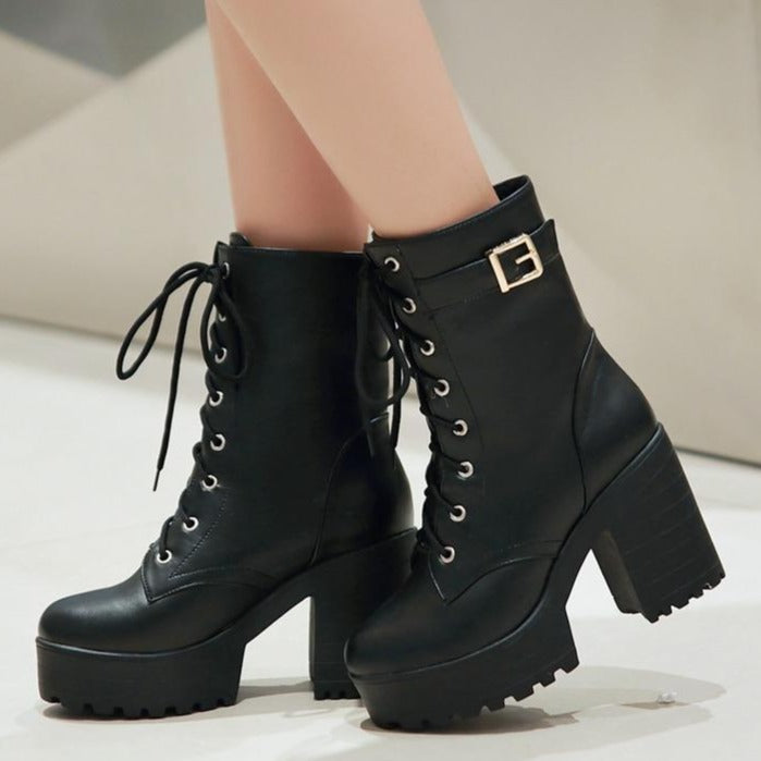 Women's fashion platform thick heeled combat boots lace-up thick boots