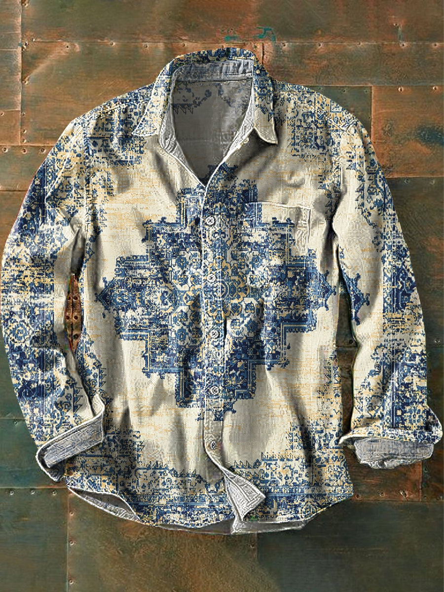 Men's Vintage Ethnic Geometric Aged Art Print Long Sleeve Pocket Shirt