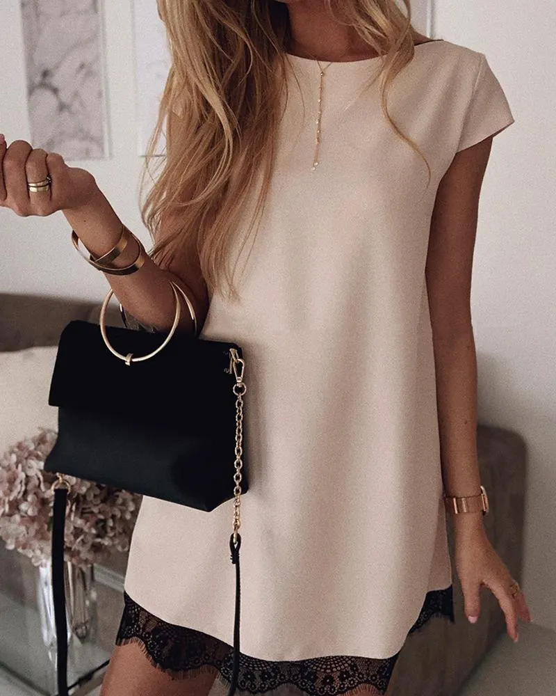 Solid Short Sleeve Lace Patchwork Mini Dress P15271