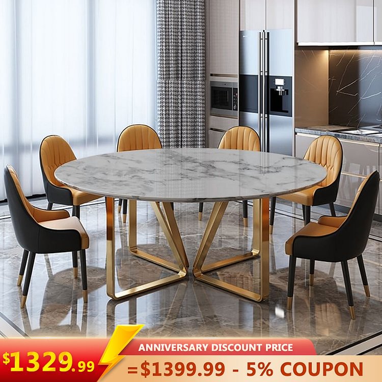 Homemys Modern Round Marble Dining Table with Stainless Frame