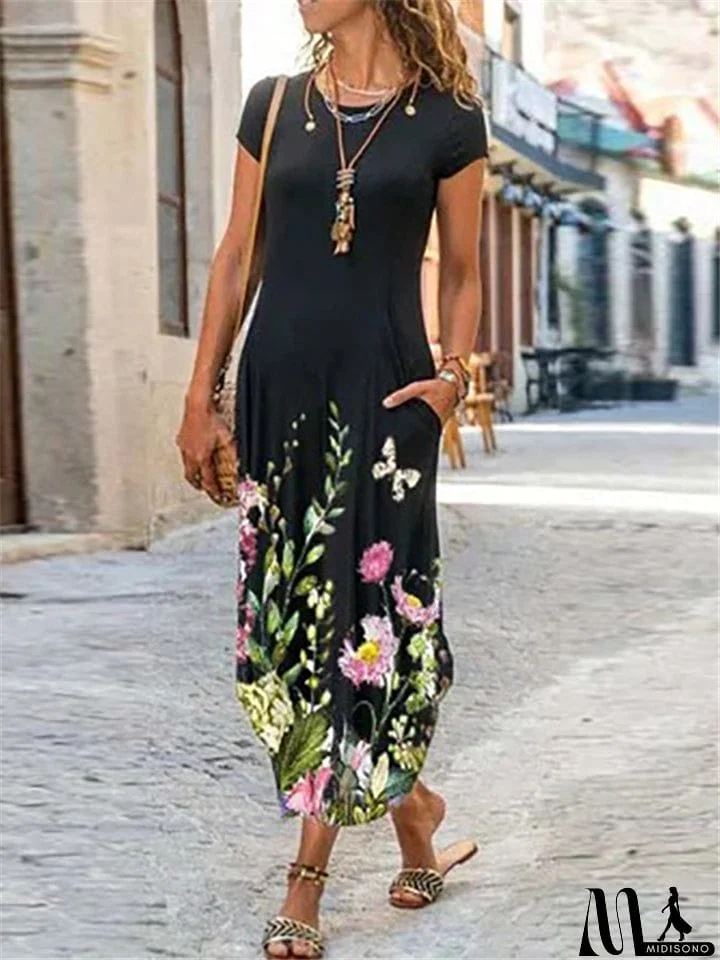 MidiSono - Round Neck Short Sleeve Pocket Floral All-Over Print Curved Hem Dress