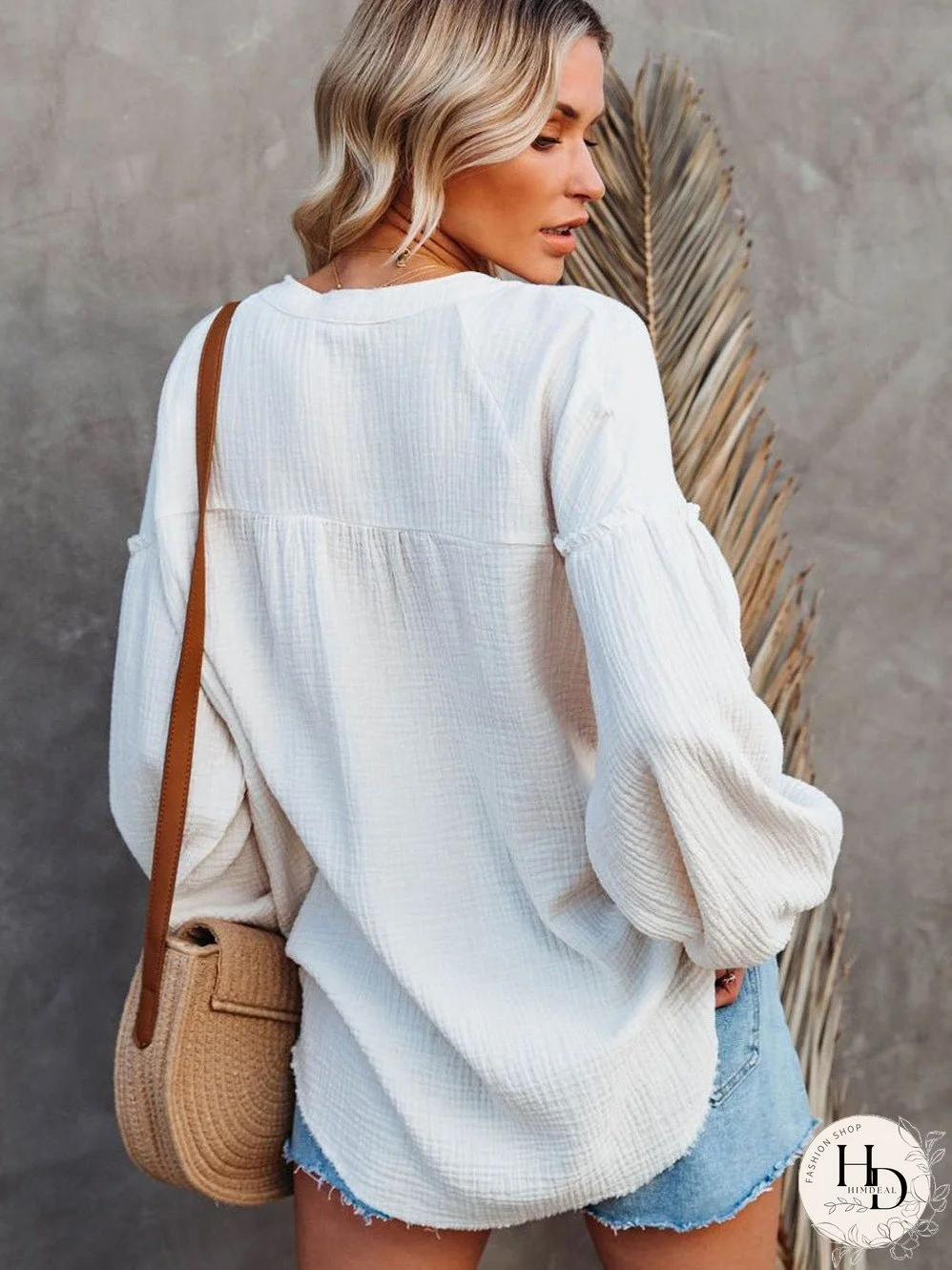 White Crinkled Casual Top with Balloon Sleeves