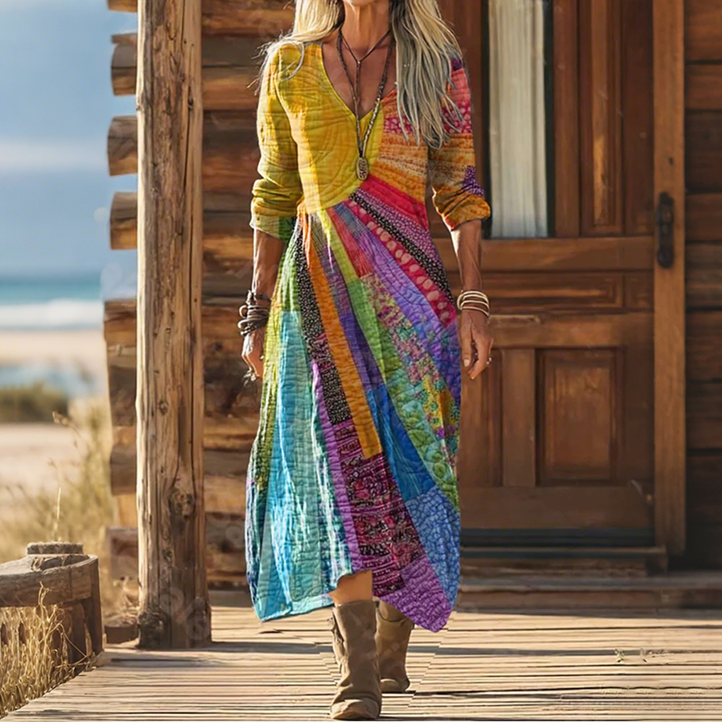 Comstylish Vintage Colorful Sun Collage Art Pattern Linen Blend V-neck Loose Long Sleeve Midi Dress
