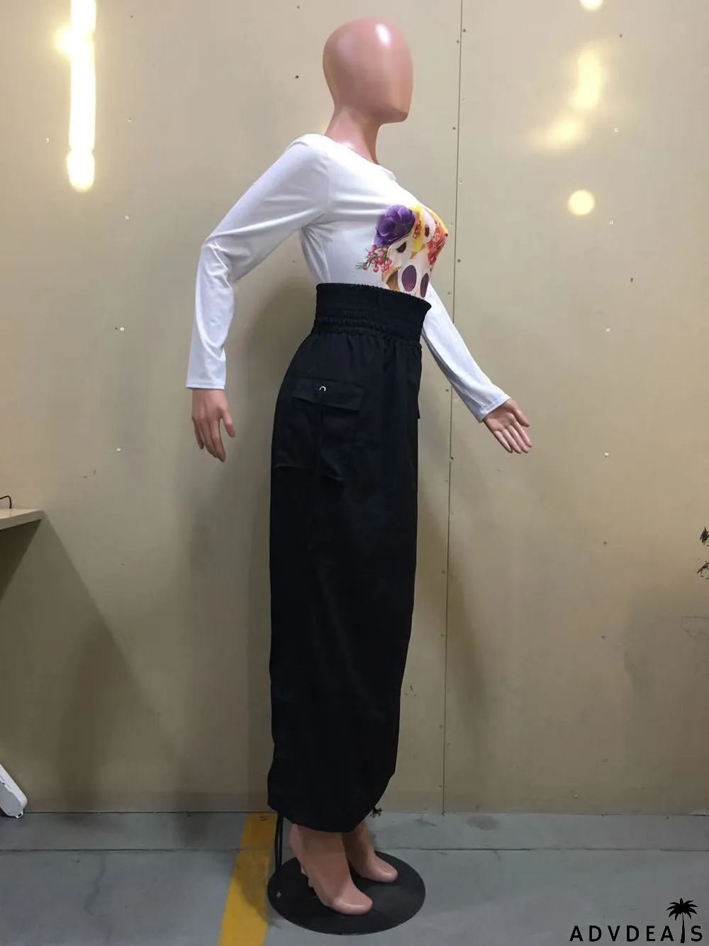 Summer Black High Waist Strings Midi Skirt with Pockets