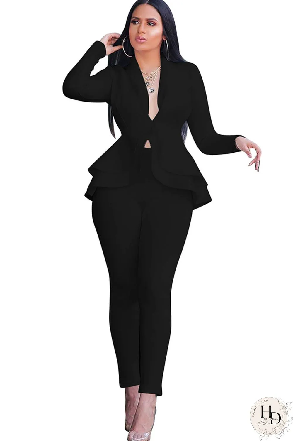 Black Casual Two Piece Suits Patchwork ruffle Solid pencil Long Sleeve