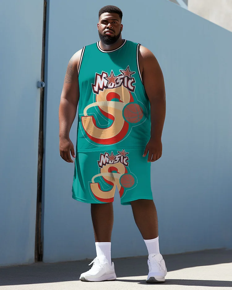 Men's Large Size Basketball Star S Graffiti Vest Sports Two-Piece Set