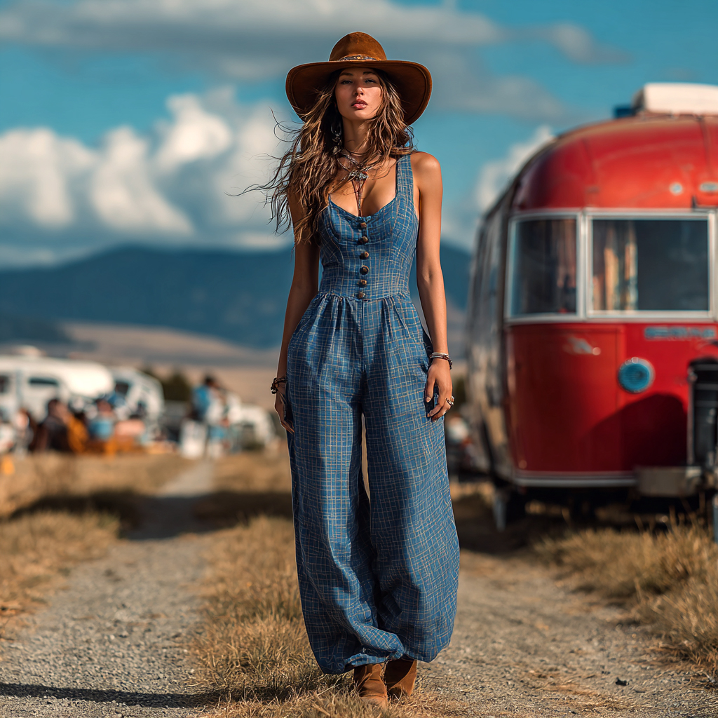 Women's Western Cowboy Style Outdoor Blue Plaid Jumpsuit With High Waist And Wide Legs