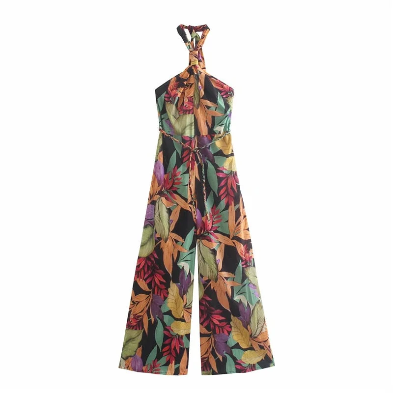 Multi Color Leaves Jumpsuit Summer Female Sexy Halter High Waist Sashes Satin Romper Za 2021 Women Combinaison femme Playsuit