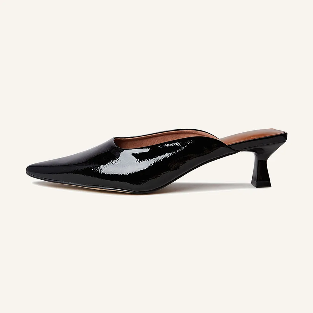 Black Patent Leather Pointed Toe Kitten Heel Mules for Women