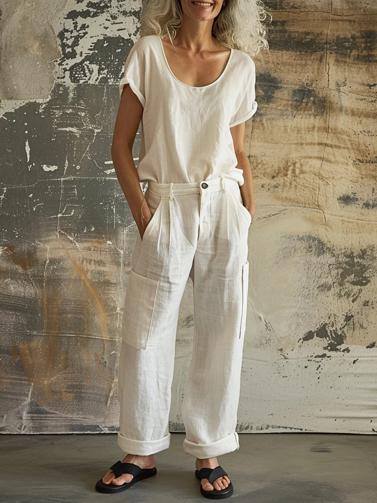 Women's Simple Solid Color Linen Two-Piece Set