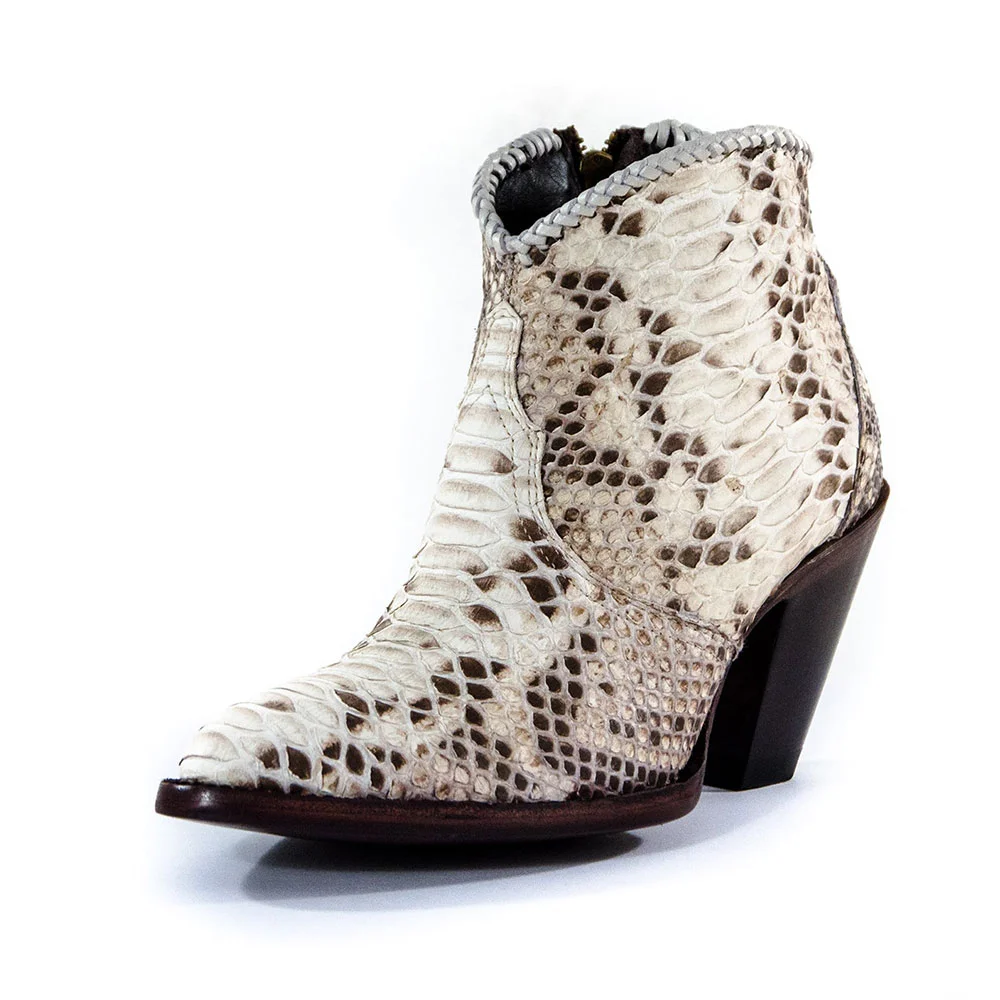 Black & Beige Python Embossed Chunky Heel Cowgirl Boots for Women