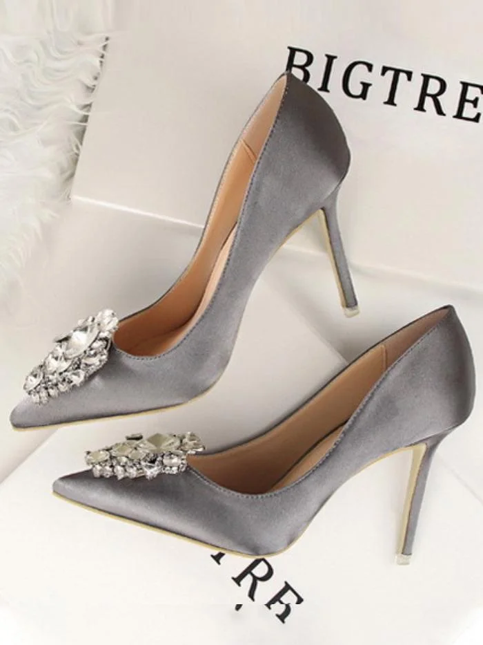 Sexy stiletto high heel shallow pointed toe rhinestone buckle single shoes