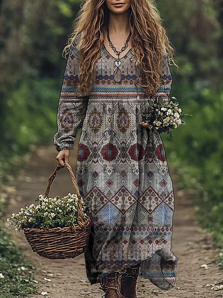 Ethnic Heritage Pattern Printed Women's Pocket Cotton Dress