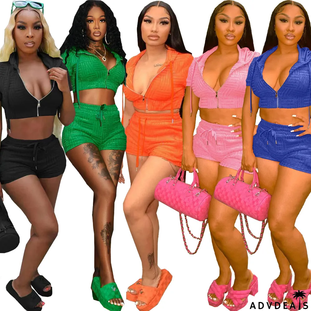 Women Clothes Summer Jacquard Solid Short Sleeve Crop Hoodie Fashion Casual Two Piece Shorts Set