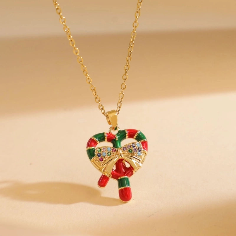 Titanium Steel Copper Cable Chain Enamel Inlay Christmas Hat Santa Claus Christmas Socks Pearl Zircon Pendant Necklace