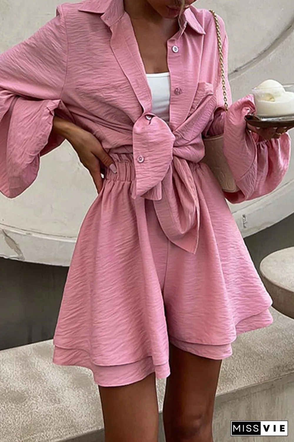 Sweet Solid Turndown Collar Long Sleeve Two Pieces