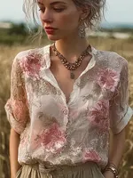 Bohemian Retro Pink Floral Pattern Women's Short-sleeve Shirt