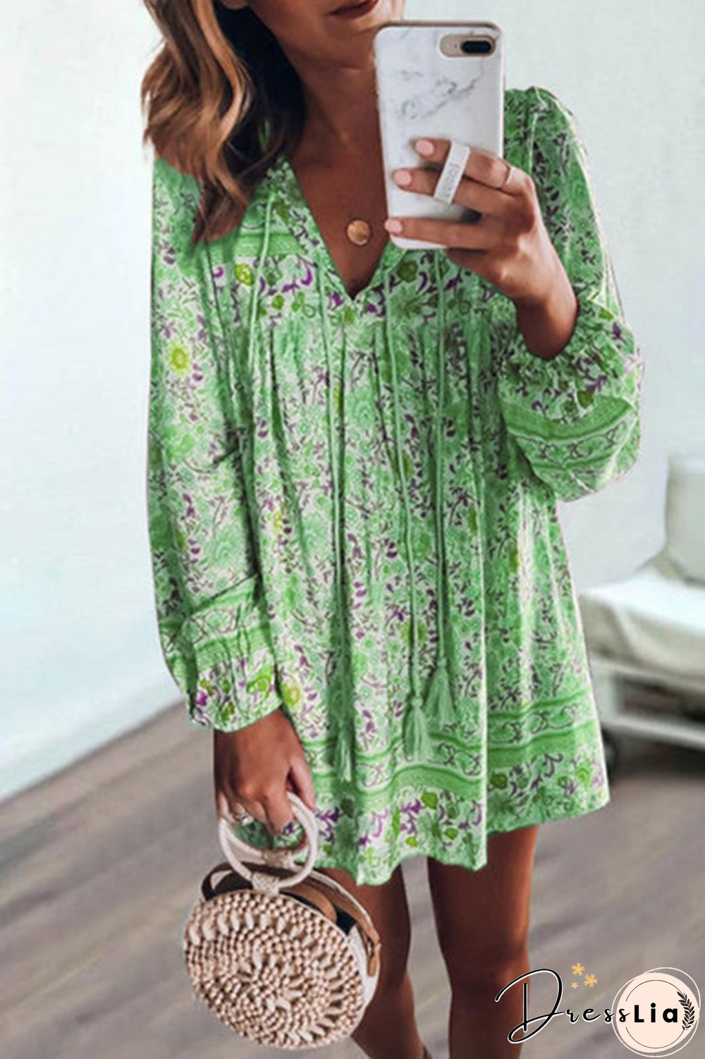 Casual Print Split Joint V Neck Cake Skirt Dresses