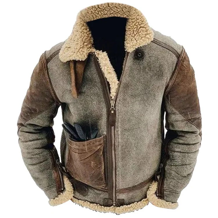 Men's Winter Vintage Warm Pocket Fleece Fur All-in-One Jacket
