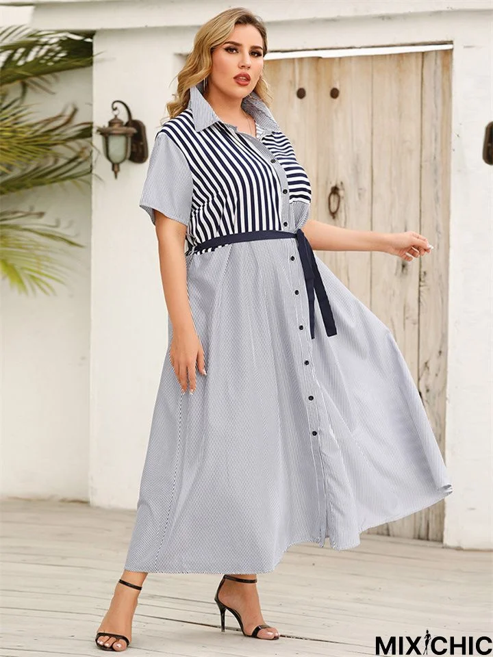 New Polo Stripe Short Sleeve Bandage Shirt Dress