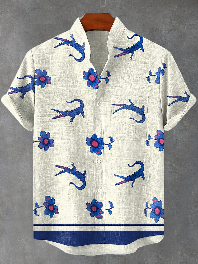 Men's Flowers And Crocodiles Art Print Casual Shirt