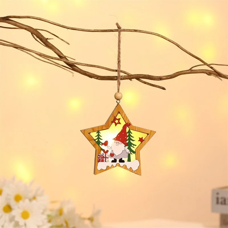 Christmas Gift Holiday Night Lights Christmas Lights Forest Old Man Wooden Luminous Pendant Christmas Tree Ornaments Round Five-pointed Star
